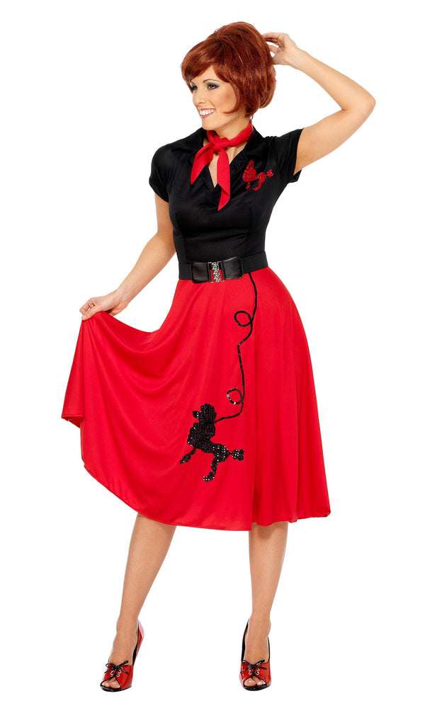 50s red and black poodle dress with belt, scarf and poodle prints