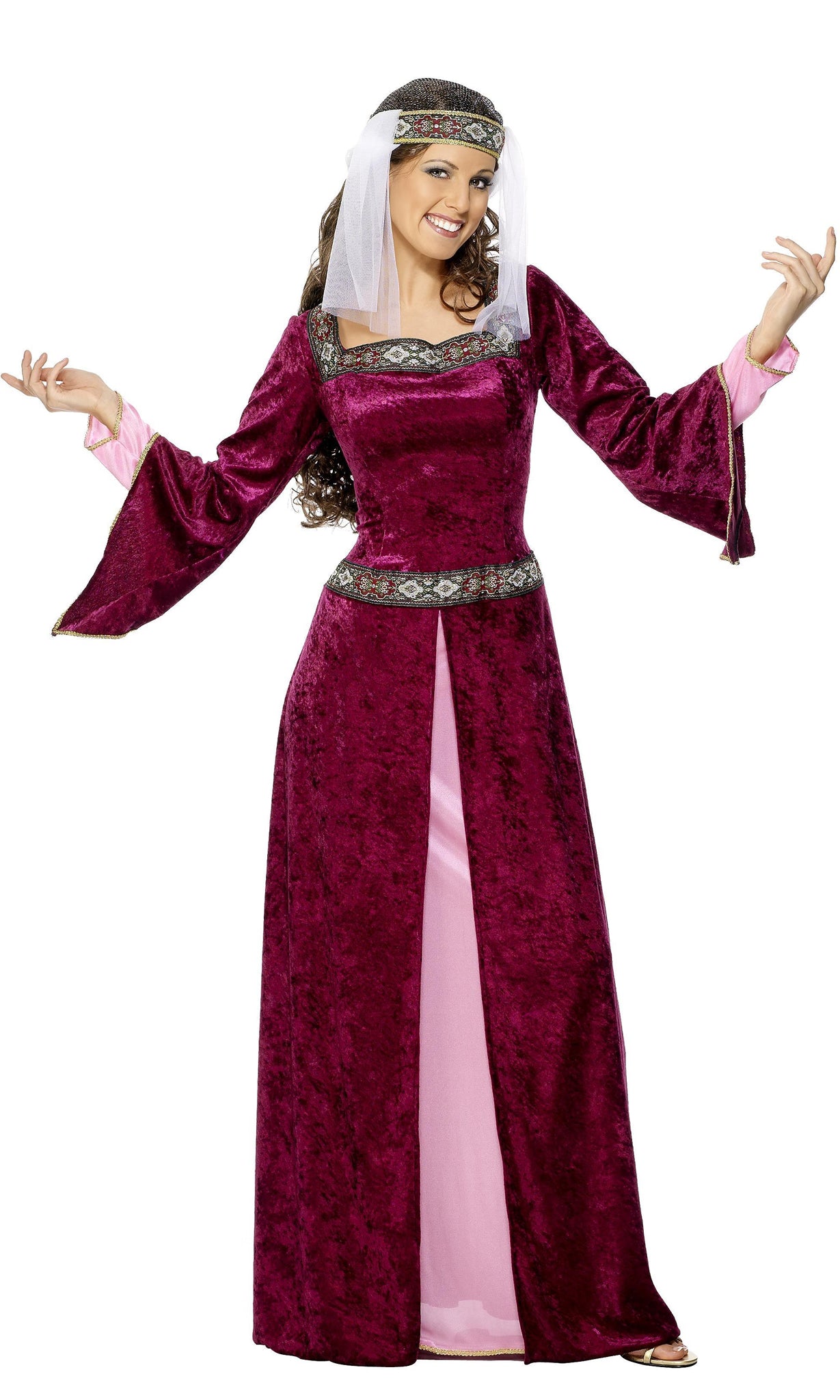 Pink and purple long Maid Marian style dress with headpiece