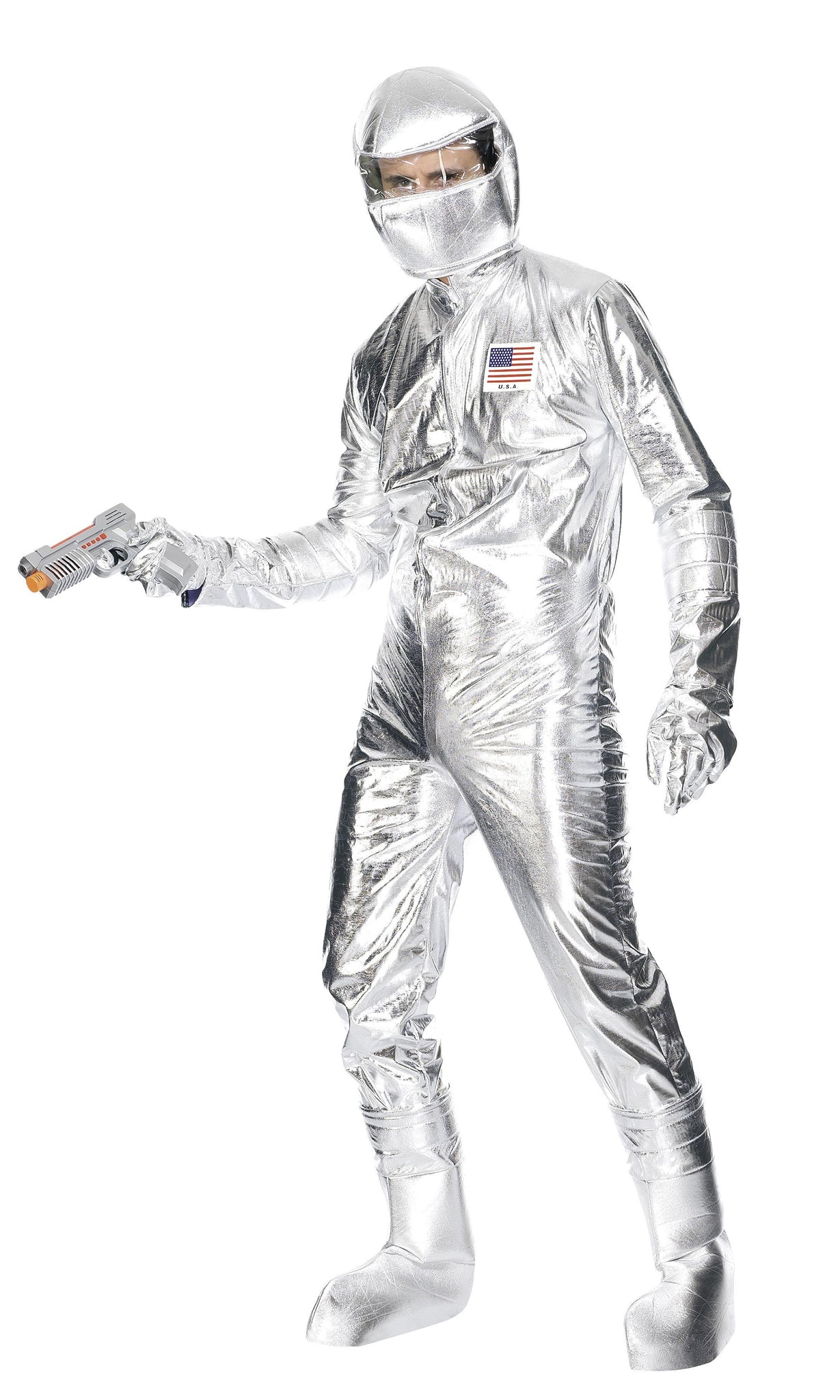Silver spaceman jumpsuit with USA badge, soft helmet and boot covers