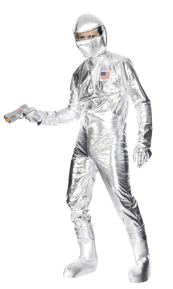Silver spaceman jumpsuit with USA badge, soft helmet and boot covers