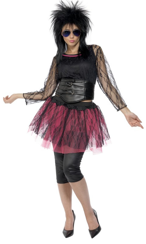 Women's 80s black and pink costume with mesh top, tutu skirt and 3/4 leggings