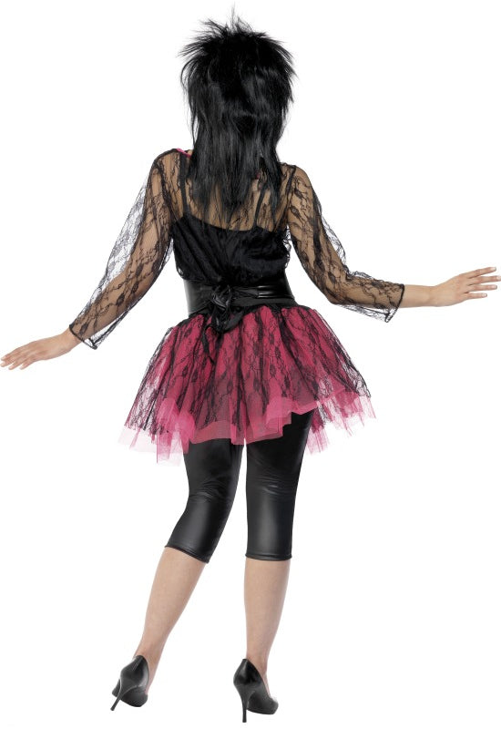 Back of women's 80s black and pink costume with mesh top, tutu skirt and 3/4 leggings