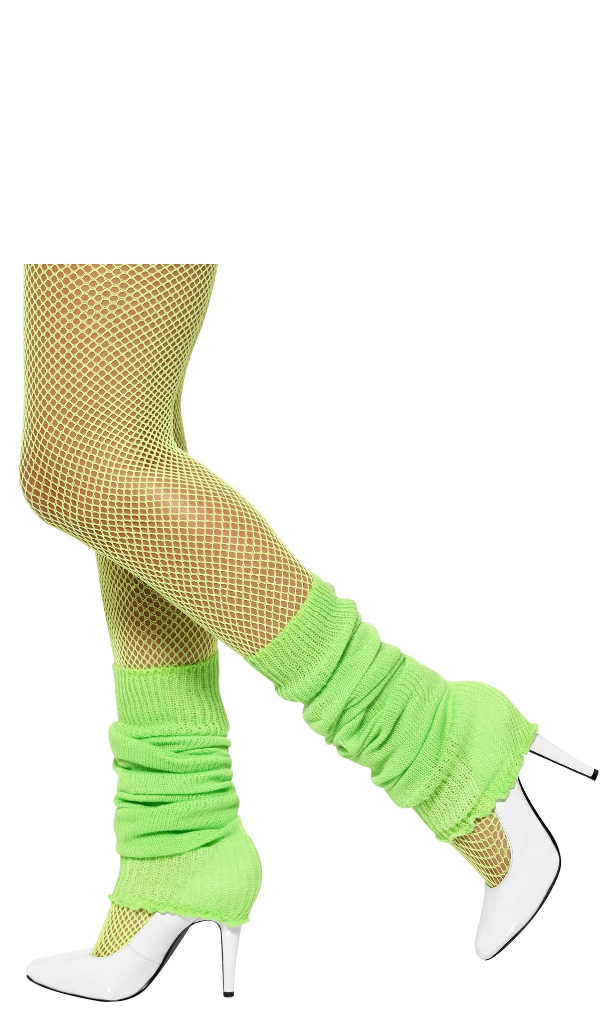 Neon green leg warmers worn with matching fishnet stockings and white high heels