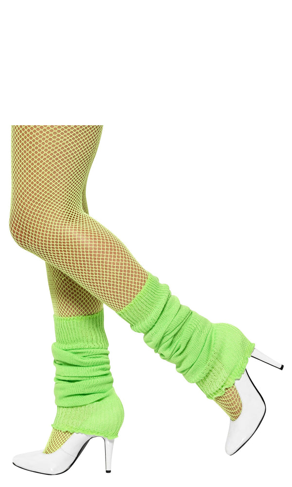 Neon green leg warmers worn with matching fishnet stockings and white high heels