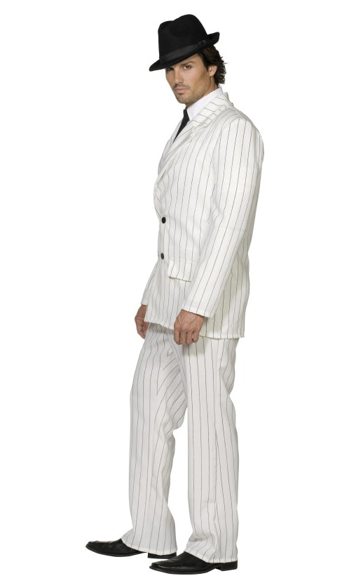 Side of white pin stripe gangster costume with black tie