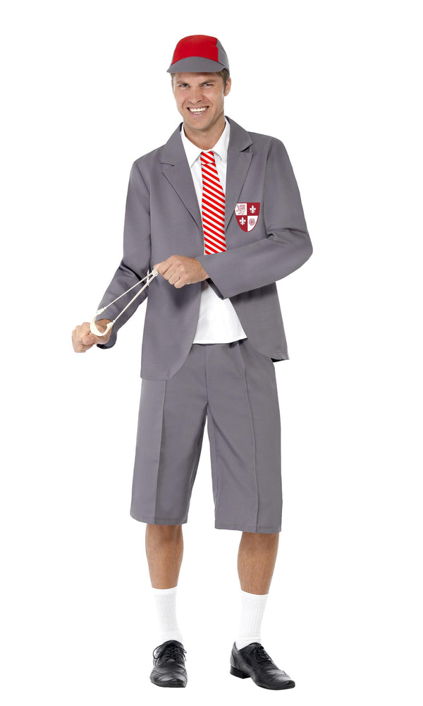 Grey school boy jacket, shorts, cap and shirt front and tie