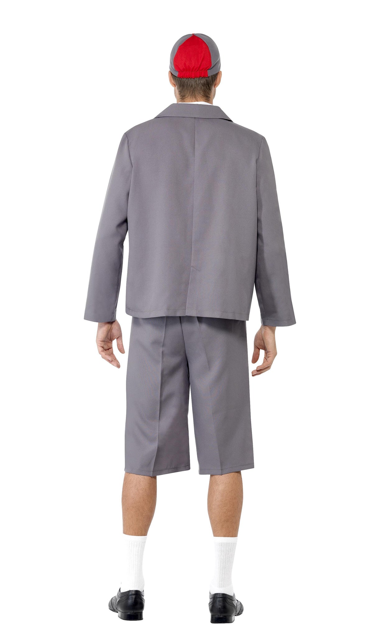 Back of grey school boy jacket, shorts, cap and shirt front and tie