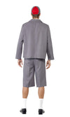 Back of grey school boy jacket, shorts, cap and shirt front and tie