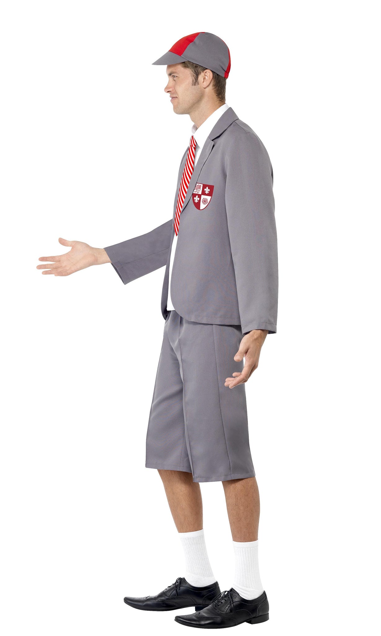 Side of grey school boy jacket, shorts, cap and shirt front and tie