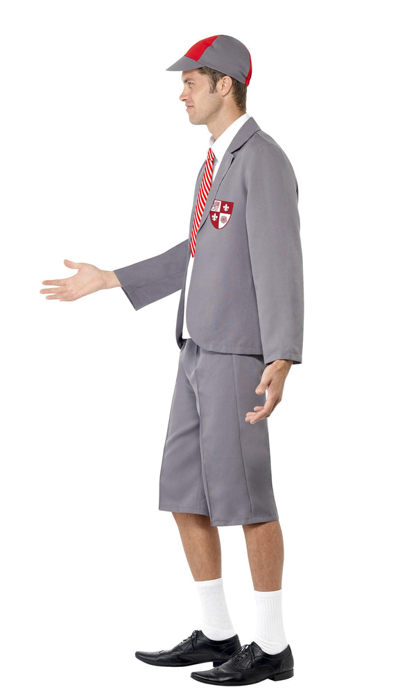Side of grey school boy jacket, shorts, cap and shirt front and tie