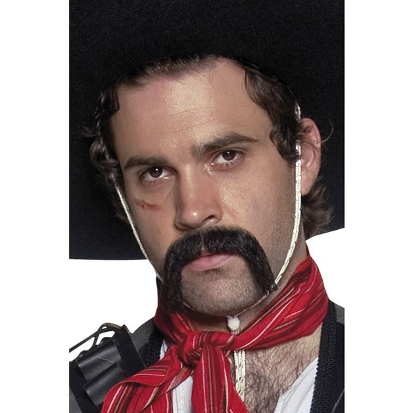 A man wearing a black cowboy hat, a red necktie, and a self-adhesive handlebar moustache.