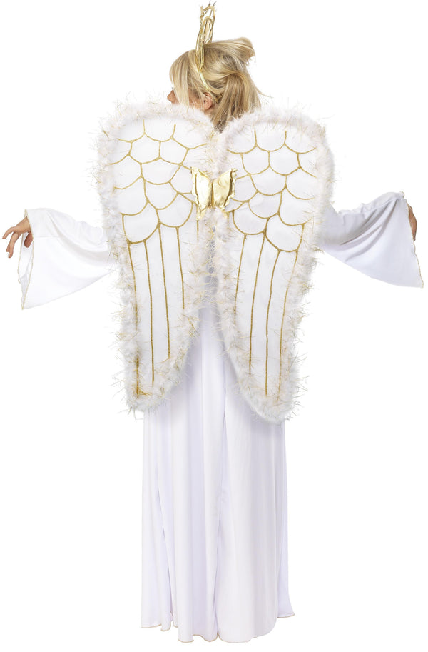 Back of white angel  costume with dress, large wings and crown