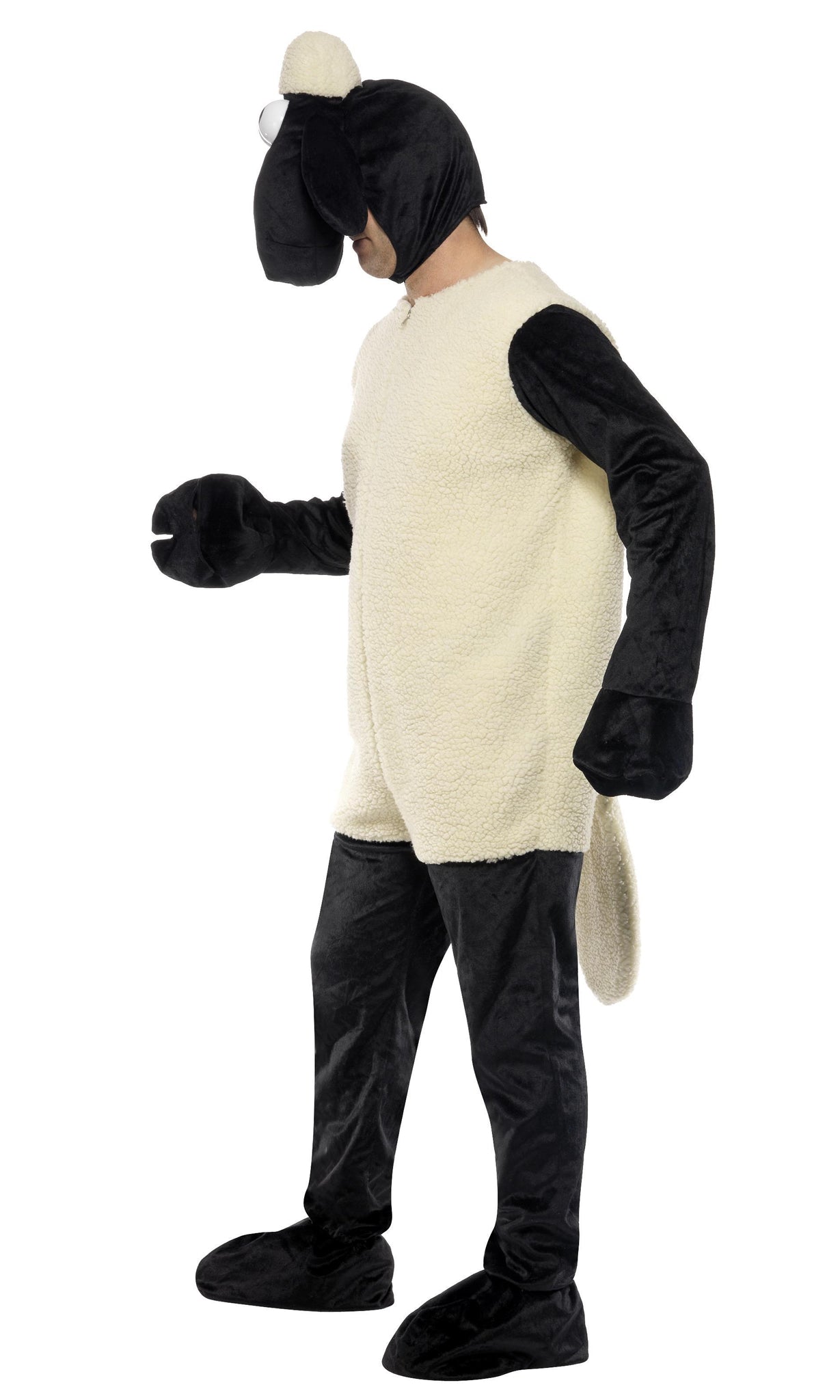 Side of black and white Shaun the Sheep costume with full head piece