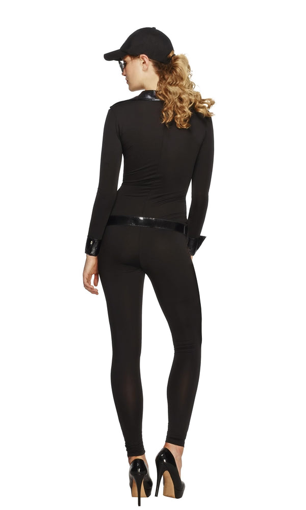 Back of black FBI bodysuit with belt and cap