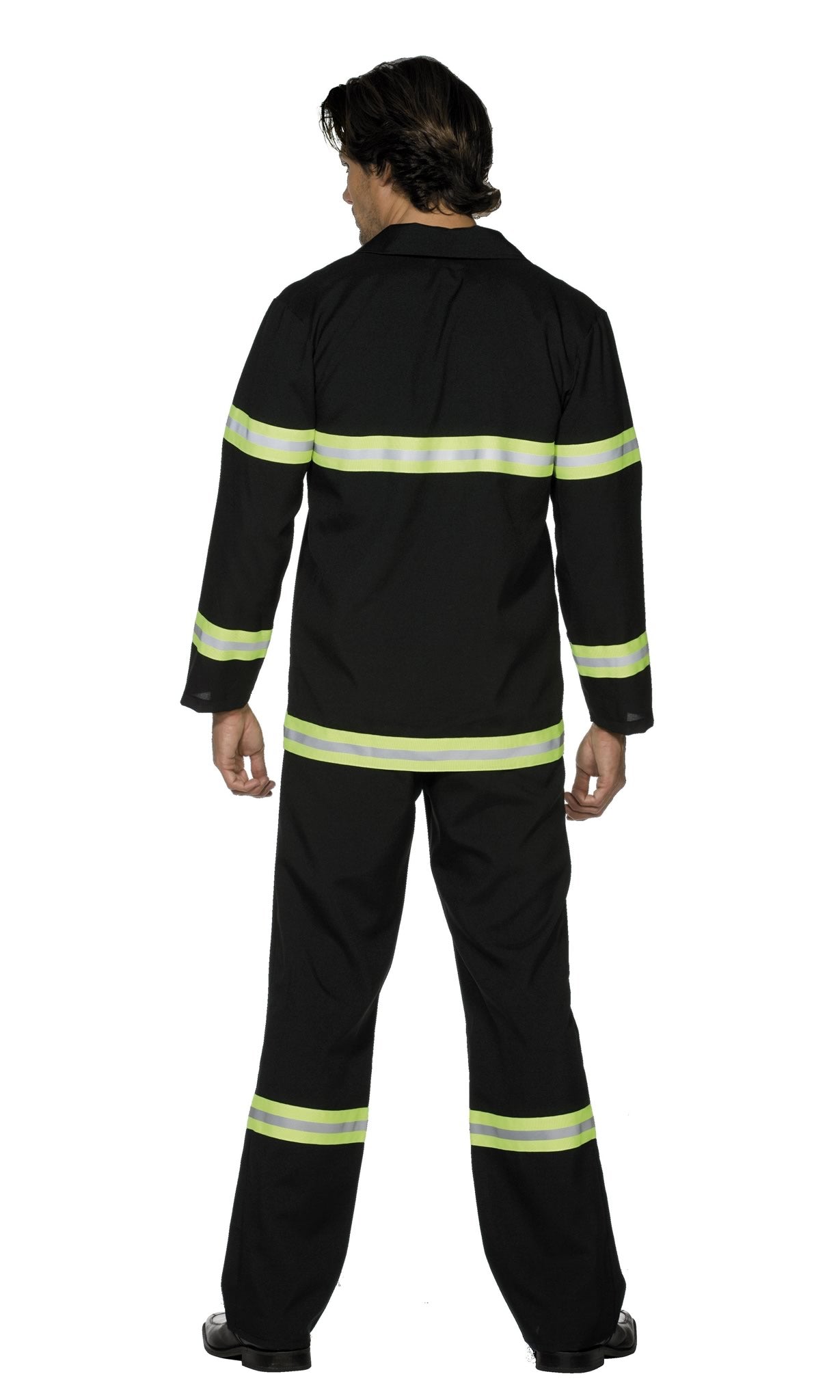Back of fireman's costume in black with reflectors and yellow plastic helmet