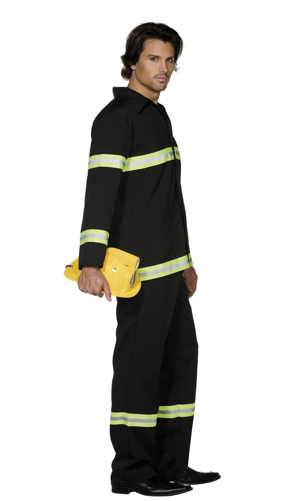 Side of fireman's costume in black with reflectors and yellow plastic helmet
