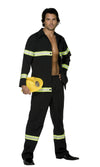 Firemans costume in black with reflectors and yellow plastic helmet