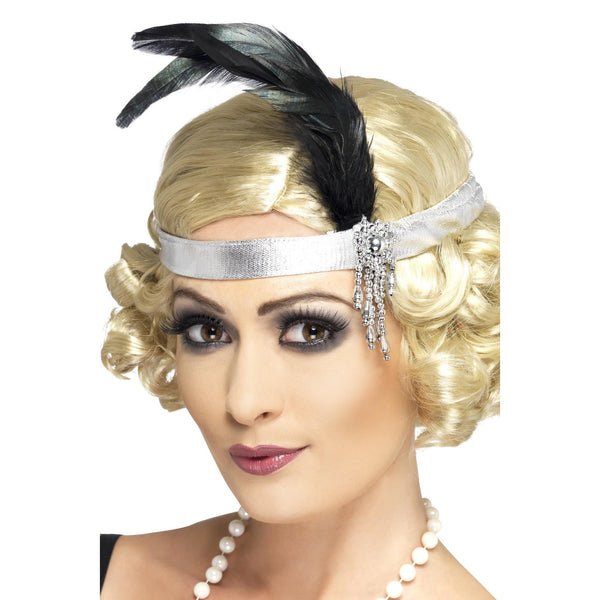 Silver flapper headband with black feather