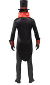 Back of red and black Dracula costume with top hat and red collar