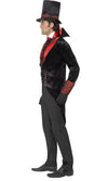 Side of red and black Dracula costume with top hat