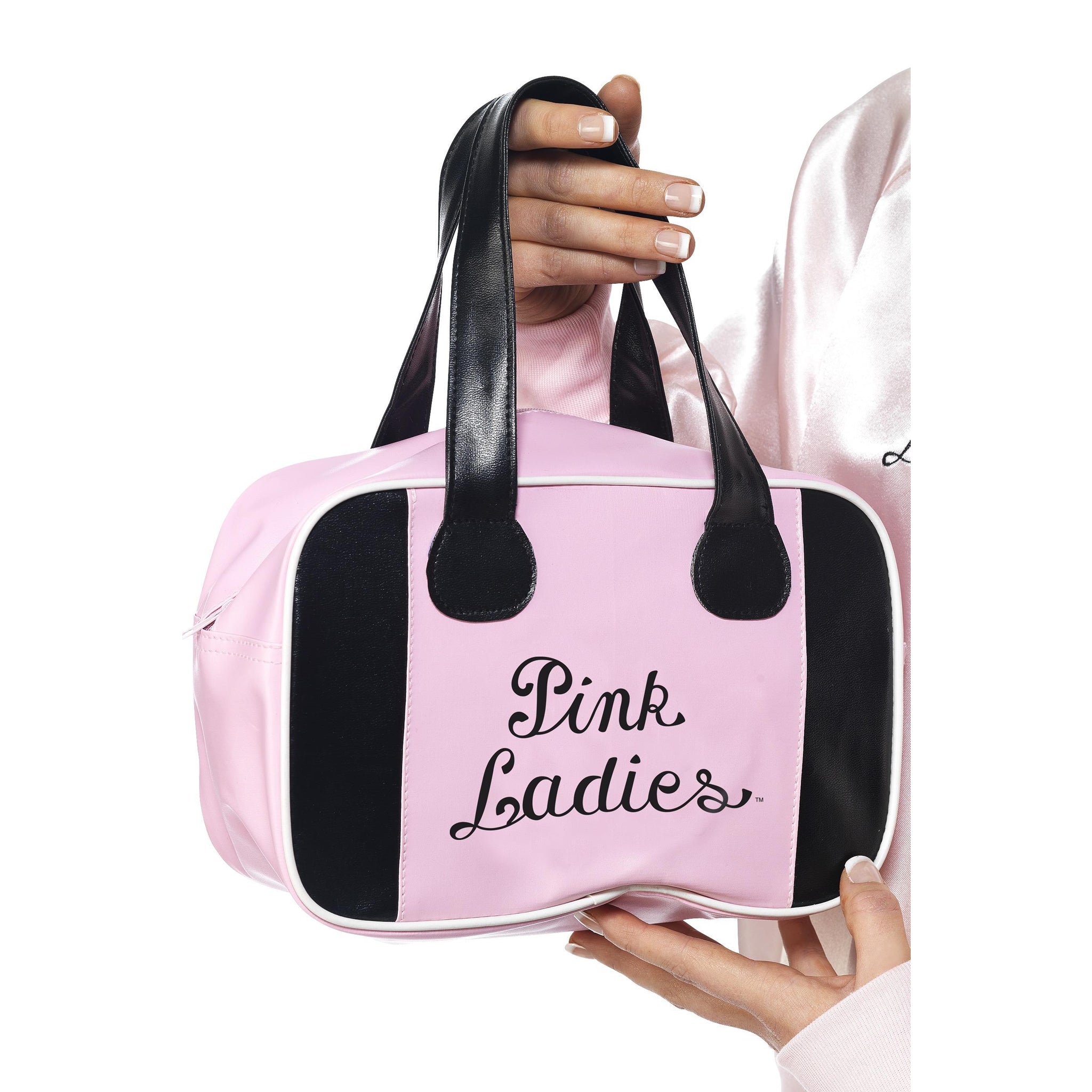 Pink and black Pink Ladies bowling bag with text