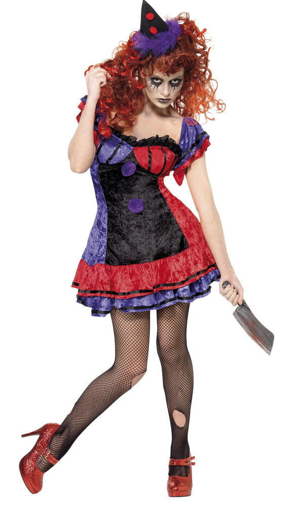 Short purple, black and red clown dress with petticoat and hat on headband