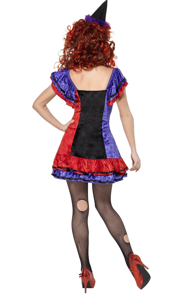 Back of short purple, black and red clown dress with petticoat and hat on headband