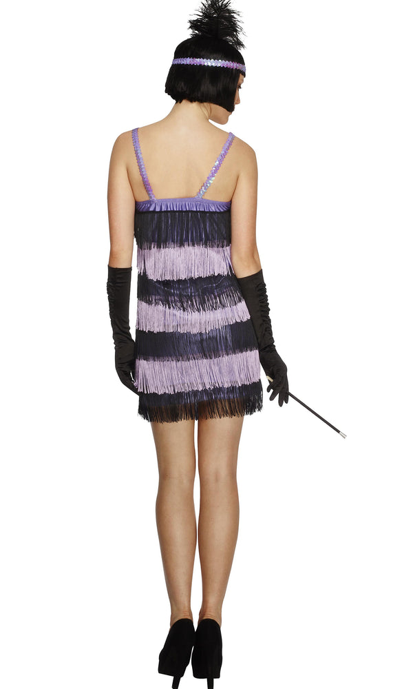 Back of striped purple tassel flapper dress with headband
