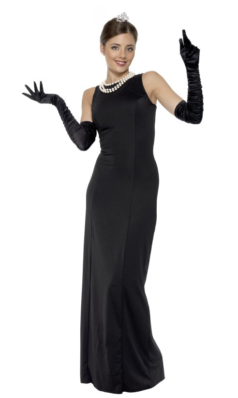 Long black Breakfast at Tiffanys Audrey Hepburn dress with gloves, headpiece and necklace