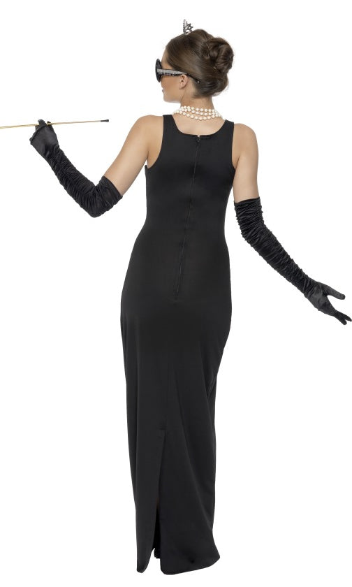 Back of long black Breakfast at Tiffanys Audrey Hepburn dress with gloves, headpiece and necklace