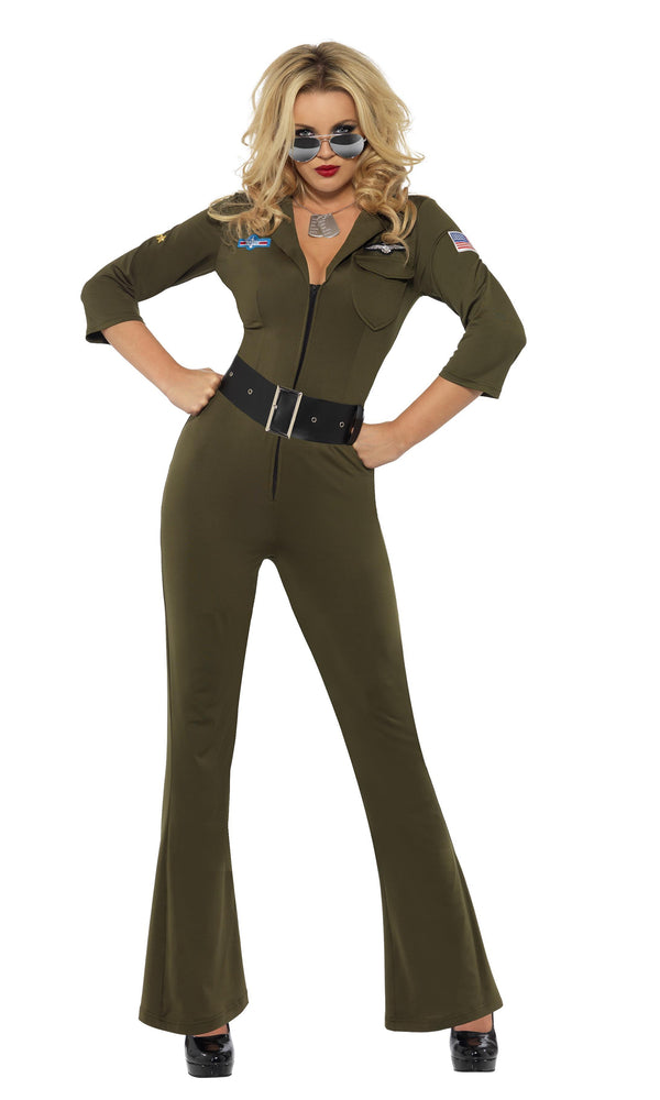 Women's long green Top Gun Aviator costume