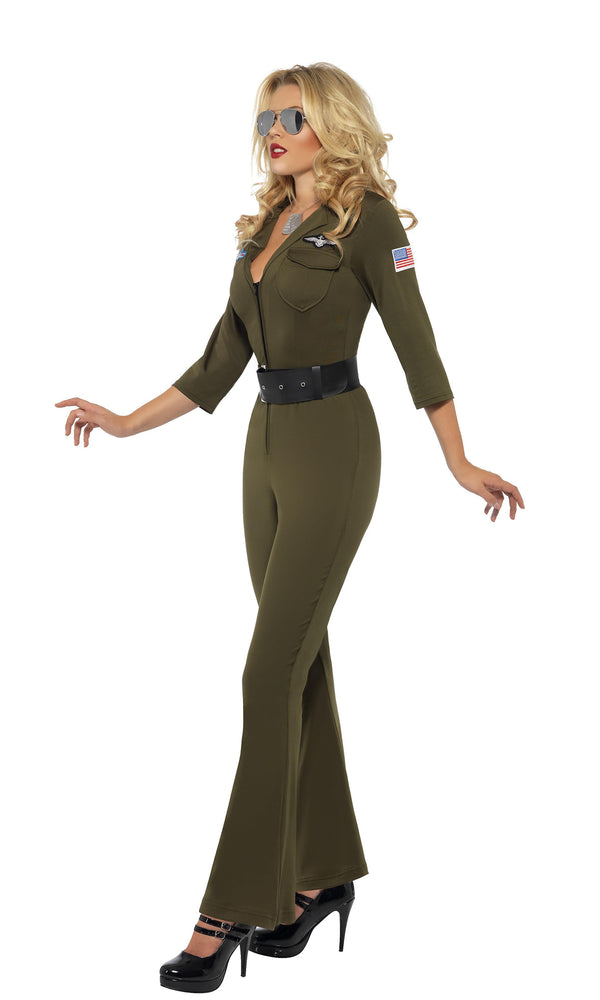 Side of women's long green Top Gun Aviator costume