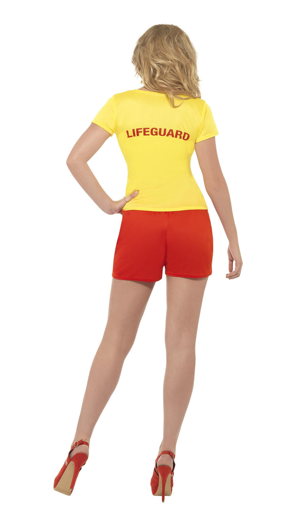 Back of Baywatch shorts and top costume with logo