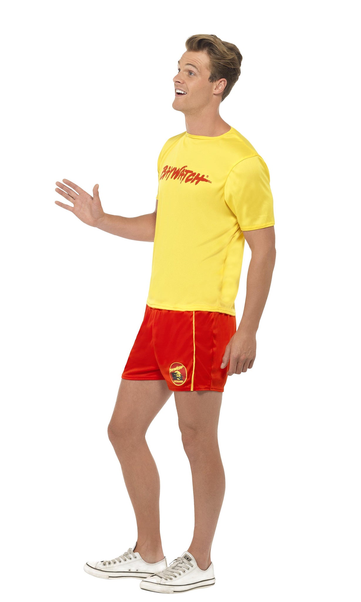 Side of Baywatch shorts and top costume with logo