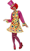 Hooped clown dress with polkadots, pink jacket, bow tie and hat