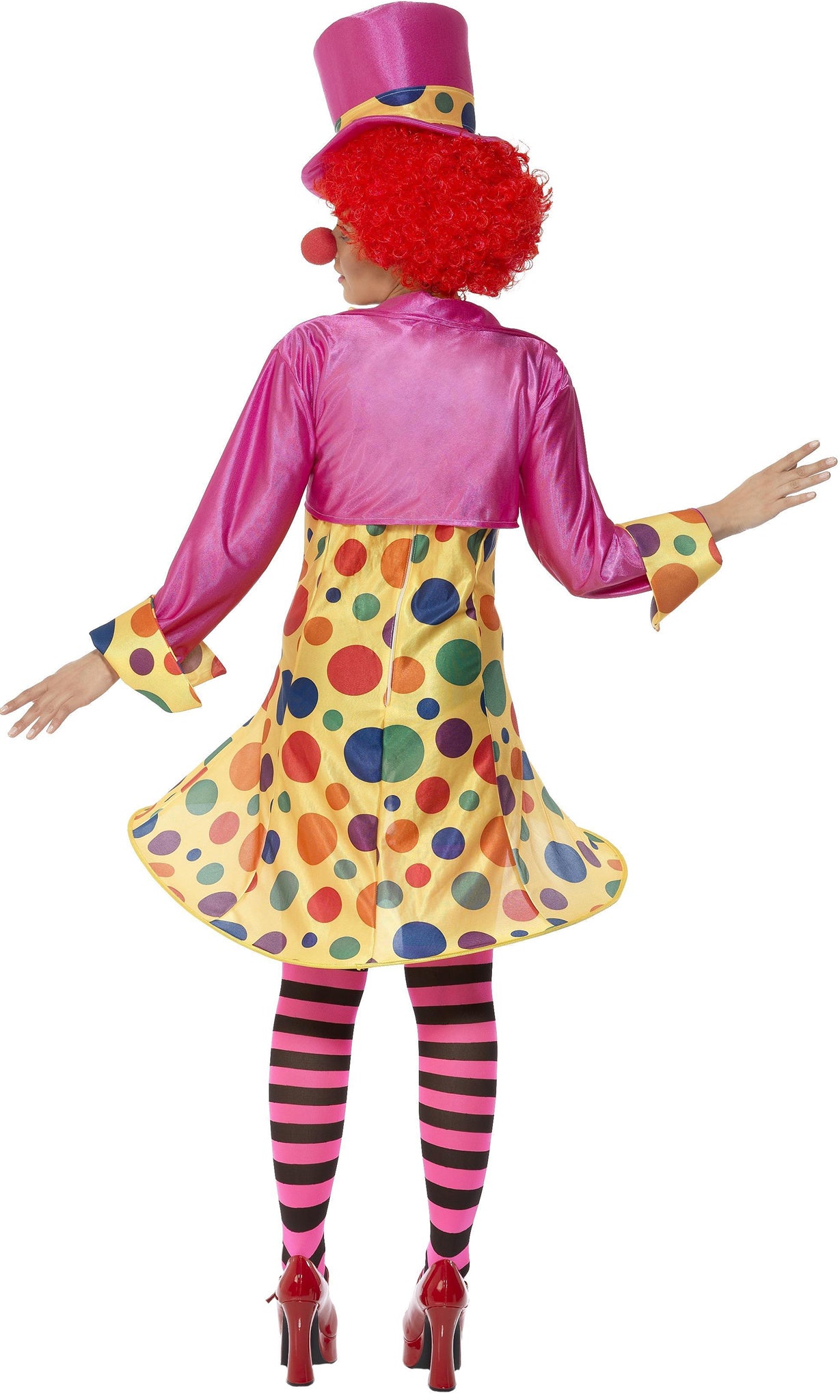 Back of hooped clown dress with polka dots, pink jacket, bow tie and hat