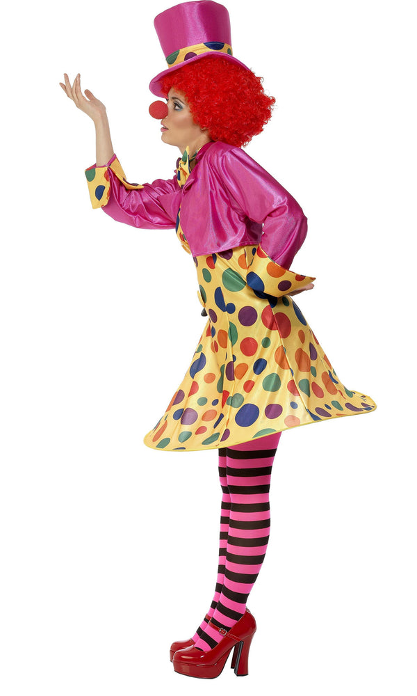 Side of hooped clown dress with polka dots, pink jacket, bow tie and hat