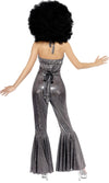 Back of silver disco halter neck catsuit