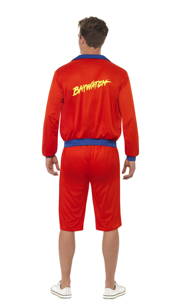 Back of men's red Baywatch long shorts and jacket with logos