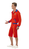 Side of men's red Baywatch long shorts and jacket with logos