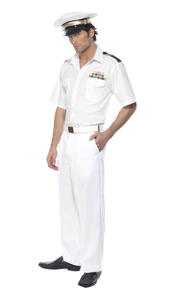 Side of white Top Gun captain costume with hat