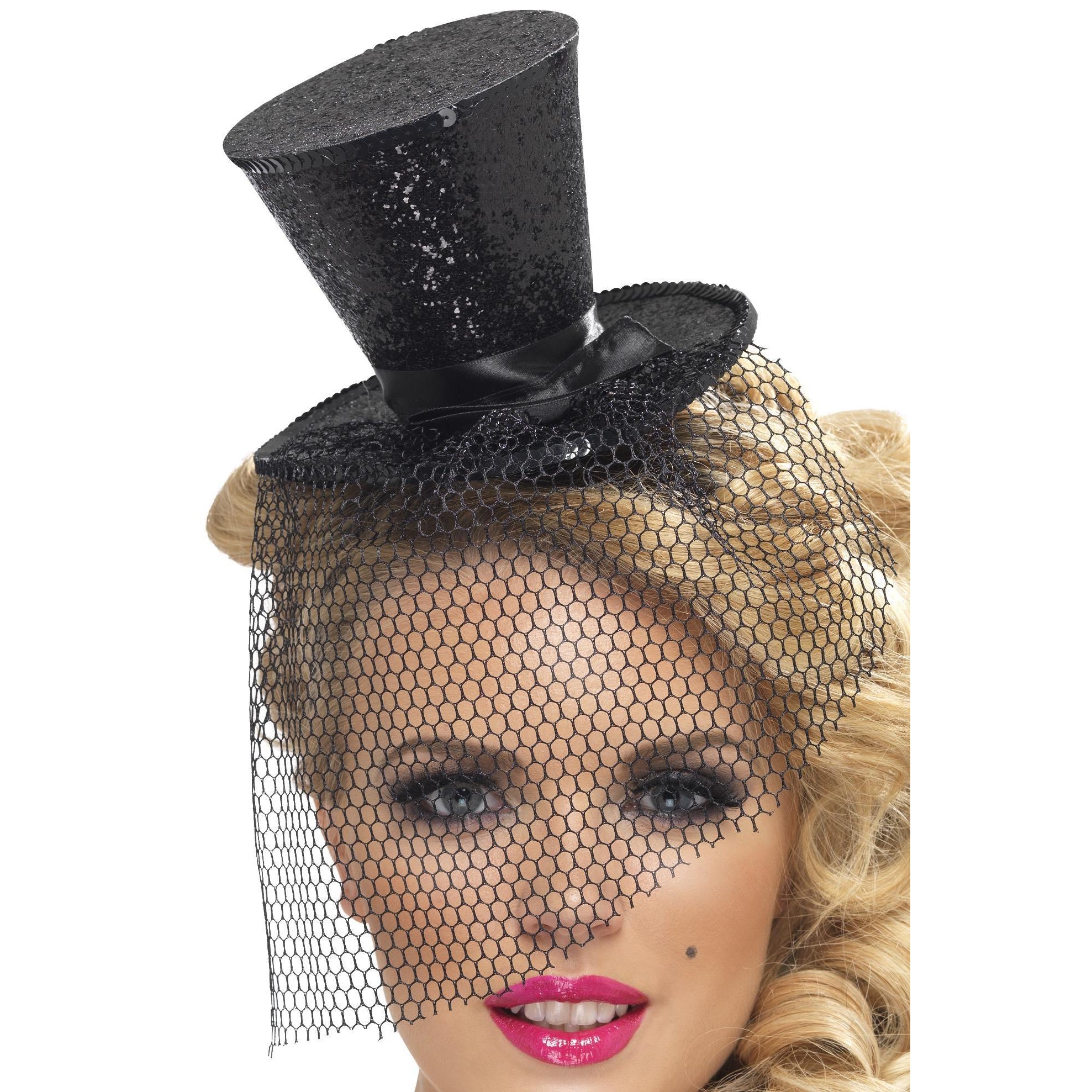 Black mini top hat with glitter and veil close up