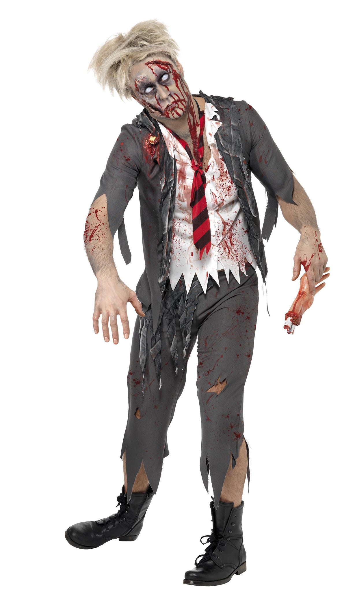 Zombie school boy costume with tie and blood splatters