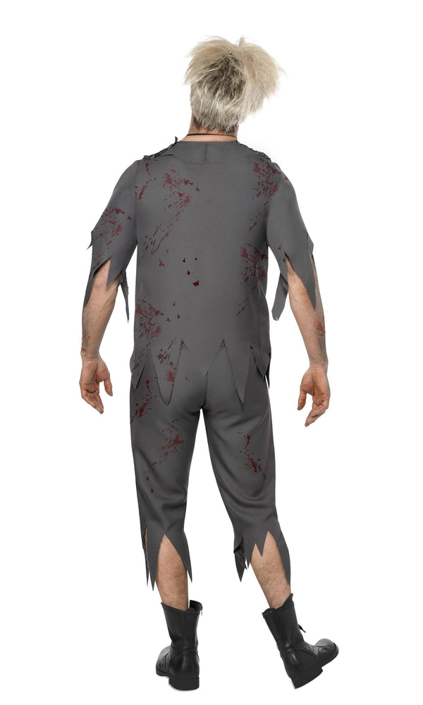 Back of zombie school boy costume with tie and blood splatters