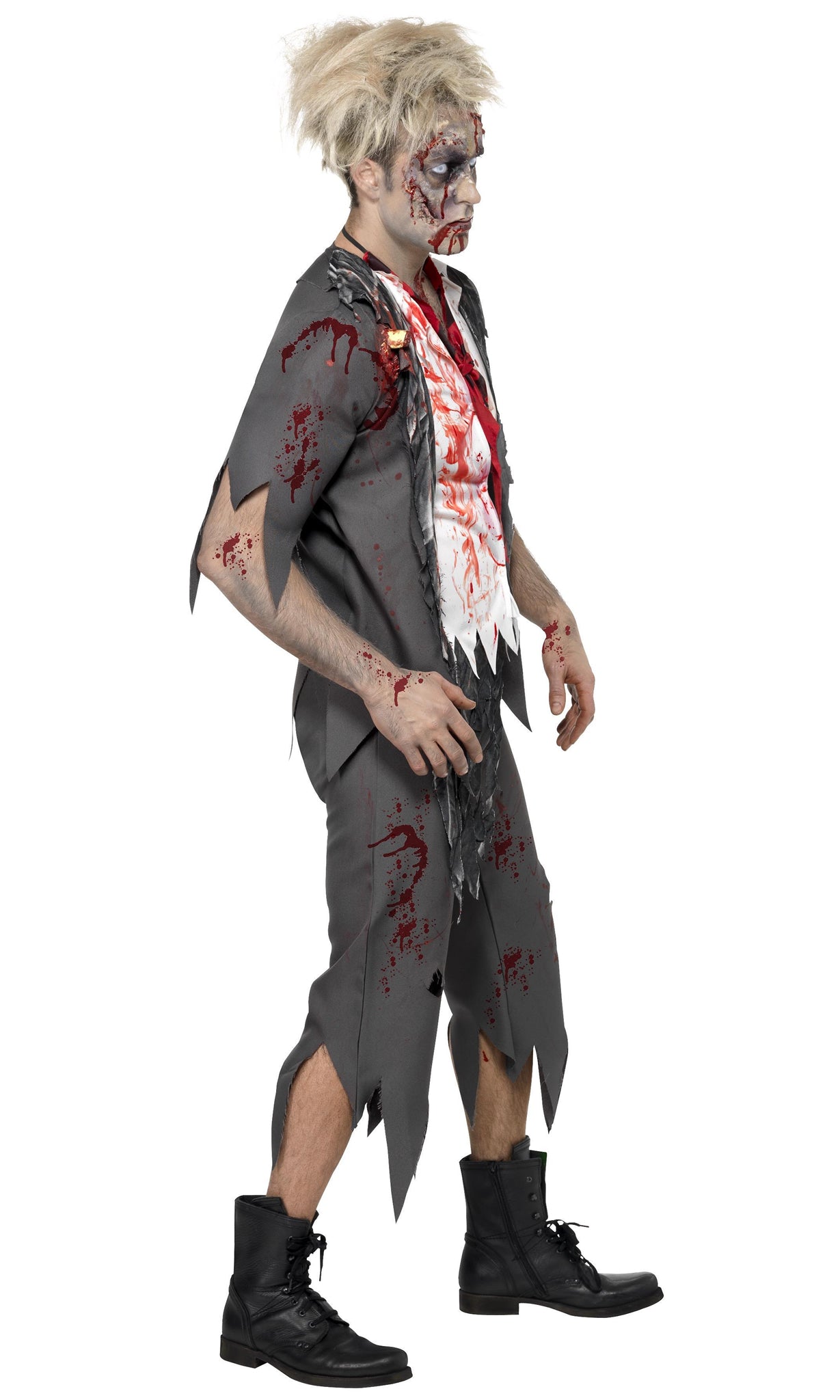 Side of zombie school boy costume with tie and blood splatters