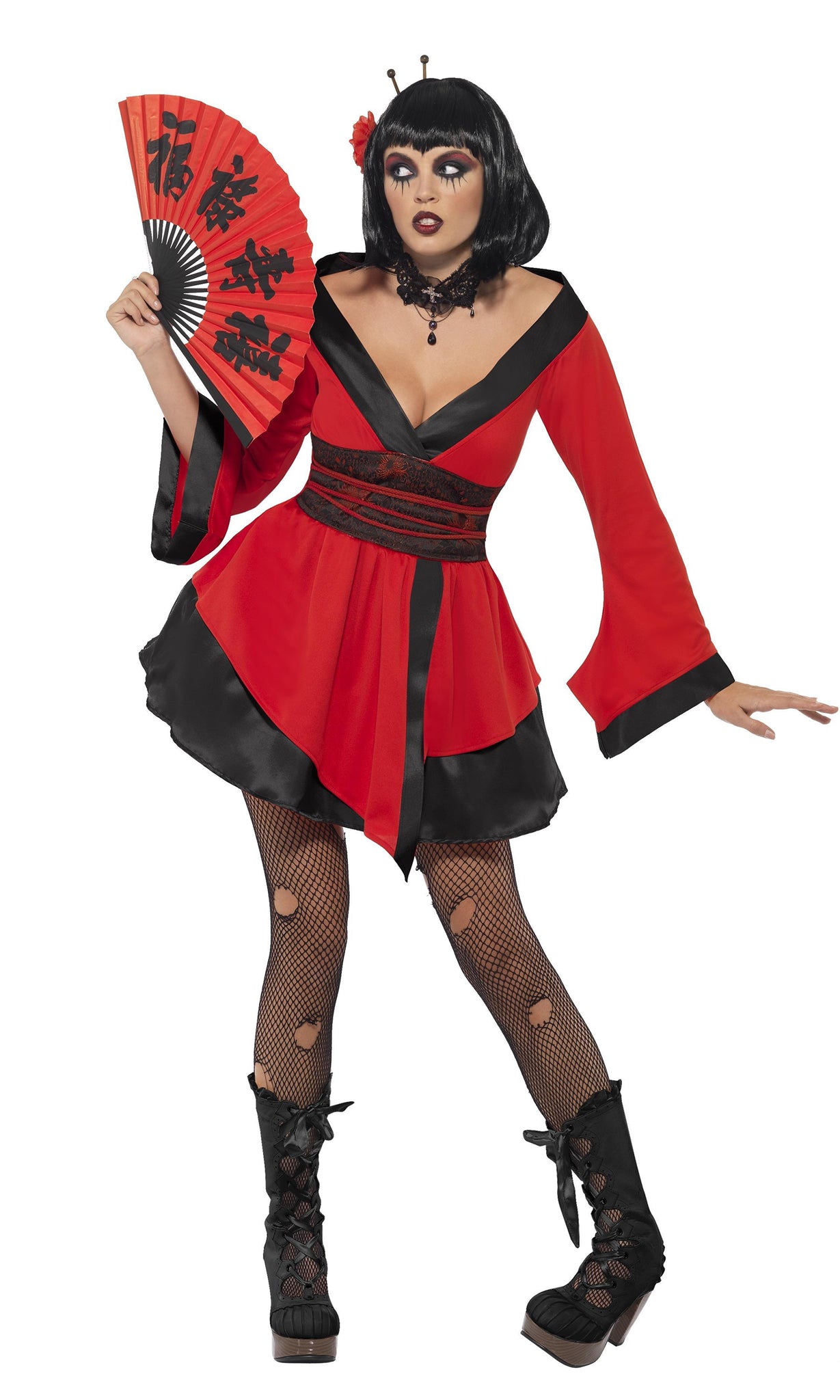 Red and black short Geisha Dress with attached belt on front