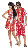 Hawaiian red dress with flower print and lei set, next to matching partner