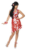 Hawaiian red dress with flower print and lei set