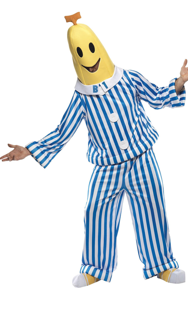 Bananas in Pyjamas costume with head piece, boot covers and striped pajamas