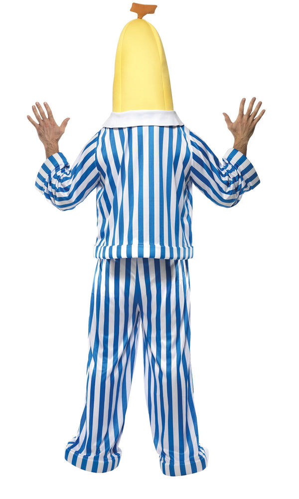 Back of Bananas in Pyjamas costume with head piece, boot covers and striped pajamas